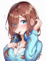 Rule 34 | 1girl, blue eyes, blush, breasts, cleavage, collarbone, fingernails, food, go-toubun no hanayome, hair between eyes, hair over one eye, hand on own chest, hand on own head, headphones, highres, large breasts, long hair, looking at viewer, mouth hold, nakano miku, pocky, shirt, smile, syatihoko, white background, white shirt