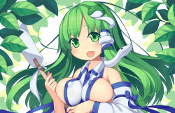 Rule 34 | 1girl, breasts, detached sleeves, covered erect nipples, frog hair ornament, gohei, green eyes, green hair, hair ornament, highres, huge breasts, kochiya sanae, large breasts, leaf, long hair, looking at viewer, matching hair/eyes, mikan (bananoha), oonusa, open mouth, sideboob, snake hair ornament, solo, touhou