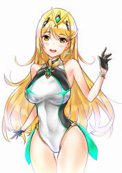 Rule 34 | 1girl, bare shoulders, blonde hair, blush, breasts, cawang, competition swimsuit, earrings, gem, hair ornament, headpiece, highres, jewelry, large breasts, long hair, looking at viewer, mythra (xenoblade), nintendo, one-piece swimsuit, open mouth, simple background, smile, solo, swept bangs, swimsuit, teeth, tiara, very long hair, wide hips, xenoblade chronicles (series), xenoblade chronicles 2, yellow eyes