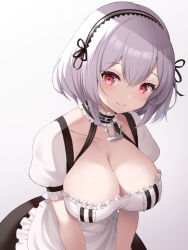 Rule 34 | 1girl, anchor choker, azur lane, blush, breasts, cleavage, closed mouth, collar, collarbone, frilled collar, frills, hair between eyes, highres, large breasts, looking at viewer, maid, maid headdress, misogi yasan, puffy short sleeves, puffy sleeves, red eyes, short hair, short sleeves, simple background, sirius (azur lane), smile, solo, white background, white hair