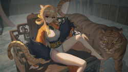 Rule 34 | 1girl, absurdres, animal, animal ear fluff, animal ears, arknights, bare legs, barefoot, blush, breasts, brown eyes, closed mouth, cola-alter, dress, du yaoye (arknights), fur shawl, hair rings, highres, long sleeves, looking at viewer, medium breasts, orange hair, pelvic curtain, puffy long sleeves, puffy sleeves, sash, shawl, sitting, solo, tail, tiger, tiger ears, tiger girl, tiger tail, white dress