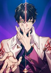 Rule 34 | 1boy, beckoning, black hair, black shirt, blue background, coat, coat on shoulders, collared coat, crazy eyes, cuff links, fate/grand order, fate (series), fingernails, green eyes, hair between eyes, hand on own face, highres, itou kashitarou (fate), jacket, long sleeves, looking at viewer, male focus, necktie, parted lips, purple jacket, purple necktie, shirt, short hair, signature, smile, solo, split theme, straight-on, suit jacket, triangle button, upper body, white coat, youneko