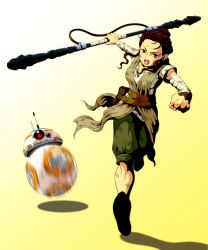 Rule 34 | 1girl, angry, animification, antennae, artist request, bad id, bad pixiv id, ball, bb-8, belt, clenched hand, dirty, highres, looking at viewer, motion blur, rey (star wars), robot, rolling, running, science fiction, shouting, staff, star wars, star wars: the force awakens