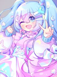 Rule 34 | 1girl, :d, absurdres, blue eyes, blue hair, blurry, blush, bow, clenched hand, collar, crbbie, digital stars miku, digital stars miku (2021), down jacket, dress, frilled dress, frills, hair ornament, hatsune miku, highres, holographic clothing, jacket, long hair, long sleeves, looking at viewer, miniskirt, multicolored hair, one eye closed, open mouth, pink hair, puffy sleeves, skirt, sleeve cuffs, sleeves past wrists, smile, solo, twintails, two-tone hair, v, vocaloid, yume kawaii
