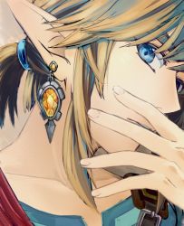 Rule 34 | 1boy, blonde hair, blue eyes, blue shirt, collarbone, covering own mouth, earrings, face, fingernails, hair ornament, hair tie, hand on own face, hand up, head tilt, jewelry, link, looking at viewer, male focus, nintendo, nose, otton, parted lips, pointy ears, shirt, short hair, short ponytail, sideways glance, solo, strap, teeth, the legend of zelda, the legend of zelda: breath of the wild