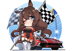Rule 34 | 1girl, animal ears, black gloves, black leotard, black thighhighs, blue bow, blue eyes, blurry, blurry background, blush, boots, bow, breasts, brown hair, car, checkered flag, chibi, choker, closed mouth, commentary, dress, ear bow, flag, full body, garter straps, gloves, hair between eyes, highleg, highleg leotard, holding, holding flag, horse ears, horse girl, horse tail, lamborghini, large breasts, leotard, light smile, long hair, looking at viewer, maruzensky (umamusume), motor vehicle, no nose, one eye closed, polka dot, polka dot background, race queen, red choker, red dress, round image, solo, sparkle, standing, tail, thigh boots, thighhighs, thighs, umamusume, very long hair, warashi, white footwear