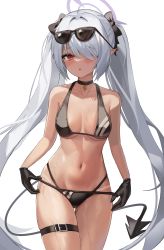 Rule 34 | 1girl, :o, absurdres, bare shoulders, bikini, black bikini, black bow, black choker, black gloves, blue archive, blush, bow, breasts, choker, collarbone, cowboy shot, demon tail, eyewear on head, gloves, grey hair, hair bow, hair over one eye, halo, highres, iori (blue archive), iori (swimsuit) (blue archive), iv (iv70311741), long hair, medium breasts, multi-strapped bikini bottom, navel, parted lips, pendant choker, pointy ears, raised eyebrows, red eyes, simple background, solo, stomach, sunglasses, swimsuit, tail, tan, tanline, thigh gap, thigh strap, thighs, twintails, very long hair, wet, white background