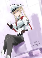 Rule 34 | 1girl, black gloves, black pantyhose, blonde hair, breasts, capelet, celtic knot, commentary request, couch, cross, crossed legs, cup, dated, dutch angle, gloves, graf zeppelin (kancolle), grey eyes, hair between eyes, hat, high ponytail, iron cross, kantai collection, large breasts, looking at viewer, maira gen, military, military hat, military uniform, miniskirt, necktie, one-hour drawing challenge, pantyhose, peaked cap, sidelocks, skirt, solo, teacup, tsurime, twintails, twitter username, uniform, white hat