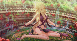 Rule 34 | barefoot, blonde hair, breasts, cleavage, elf, fantasy, flower, green eyes, highres, instrument, kein hasegawa, long eyelashes, long hair, medium breasts, music, navel, official art, on floor, open mouth, organ (instrument), original, playing instrument, pointy ears, thighs, very long hair
