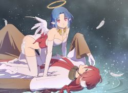 Rule 34 | 1boy, 1girl, ass, blue hair, breasts, cleavage, closed mouth, dress, elbow gloves, father and daughter, feathers, feet out of frame, filia (star ocean), gabriel (star ocean), gloves, looking at viewer, ocean, pointy ears, red eyes, rusinomob, short hair, star (sky), star ocean, star ocean the second story, wings