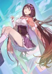 Rule 34 | 1girl, arm warmers, bow, breasts, brown hair, cloak, clothes between thighs, corset, fate/grand order, fate (series), hair bow, hairband, highres, hood, hood down, hooded cloak, large breasts, long hair, looking at viewer, no eyewear, open mouth, osakabehime (fate), purple eyes, red cucumber, smile, socks, solo, very long hair, white socks