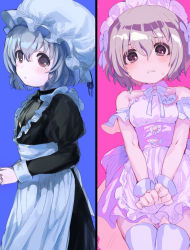 Rule 34 | 1girl, bad id, bad pixiv id, black dress, blue background, blush, brown eyes, commentary request, dress, grey hair, hat, idolmaster, idolmaster cinderella girls, idolmaster cinderella girls starlight stage, looking at viewer, maid, multiple views, neck ribbon, pink background, ribbon, short hair, simple background, social kasu (mob oji katu), standing, thighhighs, white thighhighs, wrist cuffs