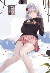 Rule 34 | 1girl, absurdres, bare legs, black sweater, blurry, blurry foreground, blush, braid, breasts, chinese commentary, closed mouth, commentary request, feet out of frame, flower, genshin impact, green eyes, hair flower, hair ornament, hands on own chest, highres, knees together feet apart, long sleeves, looking at viewer, medium breasts, medium hair, miniskirt, noelle (genshin impact), on bed, petals, photo (object), pink skirt, pleated skirt, red flower, red rose, rose, silver hair, sitting, skirt, slime (genshin impact), solo, sweater, thighs, yajuu, yarn, yarn ball