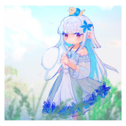 Rule 34 | 1girl, animal, animal on head, bare shoulders, bird, blue flower, blue hair, blue sky, blurry, blurry foreground, chibi, chick, closed mouth, cloud, cloudy sky, day, depth of field, dress, flower, hair flower, hair ornament, hat, unworn hat, unworn headwear, highres, holding, holding clothes, holding hat, kiduta cielo, lize helesta, long hair, long sleeves, looking at viewer, multicolored hair, nijisanji, off-shoulder dress, off shoulder, on head, outdoors, red eyes, sebastian piyodore, silver hair, sky, smile, sun hat, two-tone hair, very long hair, virtual youtuber, white headwear