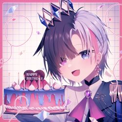 Rule 34 | 1girl, absurdres, birthday cake, black hair, cake, confetti, earrings, epaulettes, food, fruit, gloves, grey eyes, grey hair, grid background, happy birthday, heterochromia, highres, holding, holding cake, holding food, idol corp, jewelry, multicolored hair, open mouth, pink hair, purple brooch, purple eyes, purple ribbon, ribbon, rin penrose, sakakidani, second-party source, short hair, solo, split-color clothes, split-color hair, strawberry, virtual youtuber