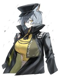 Rule 34 | 1girl, animal ears, arknights, black coat, black hat, breasts, cat ears, coat, commentary, delphine (arknights), grey hair, hat, highres, horn/wood, large breasts, looking at viewer, open clothes, open coat, peaked cap, shirt, short hair, simple background, solo, symbol-only commentary, upper body, white background, yellow eyes, yellow shirt