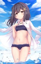 Rule 34 | 1girl, alternate costume, arata (xin), arm at side, bikini, black hair, blue sky, blush, breasts, brown eyes, cameltoe, closed mouth, cloud, collarbone, commentary request, cowboy shot, day, fate/kaleid liner prisma illya, fate (series), frills, gluteal fold, hair ornament, hairclip, hand up, highres, long hair, long sleeves, looking at viewer, miyu edelfelt, navel, ocean, open clothes, open shirt, outdoors, shirt, sky, small breasts, solo, splashing, starfish hair ornament, stomach, swimsuit, thigh gap, wading, water, white shirt, wing collar