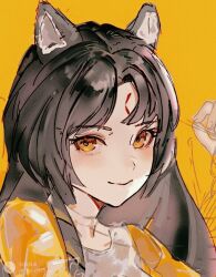 Rule 34 | 1girl, animal ears, arknights, black hair, dog ears, dog girl, facial mark, forehead mark, light blush, light smile, long hair, saga (arknights), simple background, sketch, solo, upper body, woxinruhuo, yellow background, yellow eyes