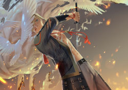 Rule 34 | 10s, 1boy, animal, armor, belt, bird, blonde hair, blood, blood on face, blue eyes, burnt clothes, cloak, cowboy shot, dove, dutch angle, fire, flower, holding, holding sword, holding weapon, hood, japanese armor, kusazuri, looking at viewer, male focus, motion blur, navel, one eye covered, open clothes, pants, penguin frontier, red flower, red rose, rose, short hair, solo, sword, torn clothes, touken ranbu, weapon, yamanbagiri kunihiro