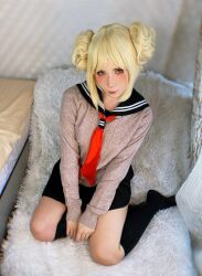 Rule 34 | 1girl, blonde hair, boku no hero academia, cosplay, from above, looking at viewer, makeup, necktie, photo (medium), real life, school uniform, sitting, skirt, socks, solo, source request, sweetie fox, toga himiko, toga himiko (cosplay)