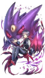 Rule 34 | 1boy, bad id, bad pixiv id, boots, colored sclera, creatures (company), darkness, expressionless, full body, game freak, gen 1 pokemon, gengar, grey eyes, grey hair, grin, highres, looking at viewer, mega gengar, mega pokemon, nintendo, original, pokemon, pokemon (creature), red eyes, red sclera, sila (carpen), smile, teeth, third eye, transparent background, vest