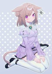 Rule 34 | 1girl, animal ears, warrior of light (ff14), cat ears, cat girl, cat tail, dress, ears down, final fantasy, final fantasy xiv, frown, full body, funa (sakana), highres, light brown hair, long sleeves, looking at viewer, medium hair, miqo&#039;te, pleated dress, pleated sleeves, purple dress, purple eyes, sitting, slit pupils, squiggle, tail, thighhighs, wariza, white thighhighs