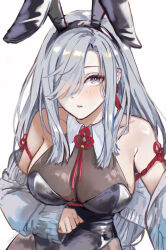 1girl animal_ears atiarta7 bare_shoulders black_hairband commentary fake_animal_ears genshin_impact grey_eyes grey_hair grey_jacket hairband highres jacket long_hair long_sleeves looking_at_viewer off_shoulder parted_lips rabbit_ears shenhe_(genshin_impact) solo upper_body very_long_hair