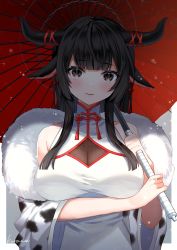 Rule 34 | 1girl, animal ears, arm under breasts, black hair, blunt bangs, blunt ends, breasts, brown eyes, commentary request, high collar, highres, holding, holding umbrella, horns, huion, kura noi, large breasts, long hair, mixed-language commentary, red ribbon, ribbon, smile, solo, umbrella, upper body