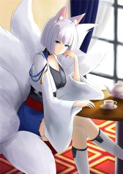 Rule 34 | 1girl, animal ears, artist request, azur lane, blue eyes, breasts, cleavage, fox ears, fox tail, hakama, hakama short skirt, hakama skirt, highres, japanese clothes, kaga (azur lane), large breasts, crossed legs, long sleeves, looking at viewer, multiple tails, parted lips, short hair, sitting, skirt, smile, solo, tail, white hair, wide sleeves