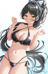 1girl bikini black_bikini black_hair blue_background blue_bow bow breasts collarbone commission criss-cross_halter floating_hair furrowed_brow gradient_background groin hair_bow halterneck hands_up hazuki_ren high_ponytail highres kogarashi_tobi large_breasts leaning_to_the_side light_blush long_hair looking_at_viewer love_live! love_live!_superstar!! navel o-ring o-ring_bikini parted_bangs sidelocks signature simple_background skeb_commission solo spaghetti_strap swimsuit very_long_hair yellow_eyes