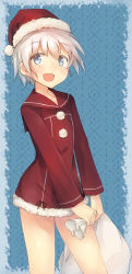 Rule 34 | 10s, 1girl, :d, adapted costume, blue eyes, christmas, cowboy shot, fur trim, hat, highres, kantai collection, metindone, open mouth, sack, sailor collar, santa hat, short hair, smile, solo, white hair, z1 leberecht maass (kancolle)