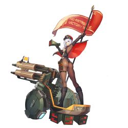 Rule 34 | 1girl, ass, banner, black pantyhose, blue eyes, boots, capelet, chariot, english text, from behind, full body, game cg, gun, handgun, hat, highres, holding, holding megaphone, kepi, last origin, leotard, looking at viewer, looking back, megaphone, military hat, official art, paintale, pantyhose, pistol, red hood (last origin), silver hair, solo, tachi-e, thigh strap, transparent background, weapon