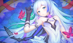 Rule 34 | 1girl, :o, absurdres, ahoge, bare shoulders, black gloves, blue eyes, breasts, bug, butterfly, circlet, dress, earrings, flower, gloves, green flower, green rose, highres, hongshi (13234456009), honkai (series), honkai impact 3rd, insect, jewelry, kiana kaslana, kiana kaslana (herrscher of flamescion), long hair, looking at viewer, lying, on back, open mouth, red butterfly, rose, small breasts, solo, white dress, white hair