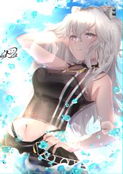 Rule 34 | 1girl, ahoge, animal ears, bare shoulders, belt, breasts, cleavage, earrings, grey eyes, grey hair, hair between eyes, hand on own hip, highres, hololive, jewelry, large breasts, lion ears, lion girl, long hair, looking at viewer, midriff, navel, necklace, see-through, see-through cleavage, shishiro botan, shishiro botan (1st costume), skirt, solo, urotare, virtual youtuber, wading