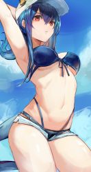 Rule 34 | 1girl, arknights, arm up, armpits, baseball cap, bikini, blue bikini, blue hair, blue sky, breasts, ch&#039;en (arknights), ch&#039;en the holungday (arknights), ch&#039;en the holungday (elite ii) (arknights), cowboy shot, day, dragon girl, dragon horns, dragon tail, eyebrows hidden by hair, gnai, hat, highres, horns, horns through headwear, large breasts, long hair, navel, official alternate hairstyle, open clothes, open fly, open shorts, outdoors, parted lips, red eyes, short shorts, shorts, sky, solo, stomach, swimsuit, tail, thighs, underboob, white hat, white shorts