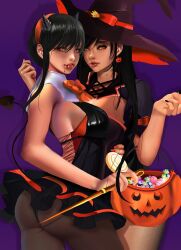 Rule 34 | 2girls, ass, bite mark, black hair, blood, blood from mouth, breasts, earrings, final fantasy, final fantasy vii, final fantasy vii remake, fishnet pantyhose, fishnets, food, halloween, halloween bucket, hat, highres, horns, jewelry, kittymiya, large breasts, lipstick, long hair, looking at viewer, makeup, multiple girls, panties, pantyhose, pumpkin, spy x family, sweets, tail, tifa lockhart, underwear, witch, witch hat, yor briar