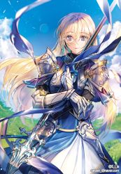 Rule 34 | 1girl, armor, artist name, blonde hair, blue sky, cloud, cover, cover page, day, gauntlets, grass, holding, holding weapon, looking at viewer, novel cover, novel illustration, official art, outdoors, pauldrons, polearm, shoulder armor, sila (carpen), sky, solo, spear, standing, watermark, weapon, web address