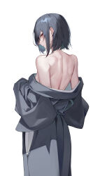 Rule 34 | 1girl, absurdres, bare shoulders, black hair, black kimono, closed mouth, commentary, from behind, highres, japanese clothes, kimono, limbus company, looking at viewer, looking back, median furrow, off shoulder, project moon, red eyes, ryo e, ryoshu (project moon), short hair, sidelocks, simple background, solo, standing, undressing, white background