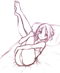 Rule 34 | 1girl, bare legs, barefoot, bikini, blush, derivative work, feet, graphite (medium), highres, kokutou-kuiuti, hugging own legs, legs, legs up, long hair, lying, minna-dietlinde wilcke, mixed media, on back, on bed, side-tie bikini bottom, sketch, smile, solo, strike witches, swimsuit, traditional media, world witches series