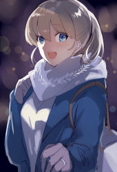 Rule 34 | 1girl, bag, blue eyes, brown hair, coat, cowboy shot, gloves, intrepid (kancolle), jewelry, kantai collection, official alternate costume, one-hour drawing challenge, open mouth, picoli1313, ponytail, ring, scarf, short hair, shoulder bag, smile, solo, sweater, white sweater, winter, winter clothes, winter coat