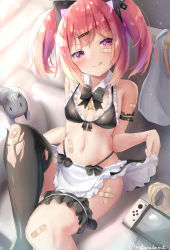Rule 34 | 1girl, :q, animal, animal ears, apron, bandaid, bandaid on face, bandaid on knee, bandaid on leg, bare shoulders, bikini, black bikini, black bow, black skirt, black thighhighs, blurry, blurry background, blush, bow, breasts, brown hair, cat, closed mouth, clothes lift, collar, commentary request, couch, crossed bandaids, depth of field, detached collar, fake animal ears, feet out of frame, frilled apron, frilled bikini, frills, gradient hair, handheld game console, highres, knee up, lifted by self, looking at viewer, multicolored hair, natuna natu, on couch, original, purple eyes, red hair, single thighhigh, sitting, skirt, skirt lift, small breasts, smile, solo, swimsuit, thighhighs, tongue, tongue out, torn clothes, torn thighhighs, twintails, v-shaped eyebrows, waist apron, white apron, white collar, wing collar