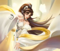 Rule 34 | 1girl, absurdres, artist request, bare shoulders, breasts, brown hair, bug, butterfly, butterfly hair ornament, cleavage, closed mouth, detached sleeves, dress, glowing butterfly, hair ornament, hair tie, heterochromia, highres, insect, looking at viewer, ponytail, second-party source, shaonian ge xing, sikong qianluo (shaonian ge xing), smile, solo, spinning, upper body, white dress