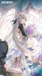 Rule 34 | artist request, bare back, bianca (punishing: gray raven), birthday, blonde hair, blue eyes, bouquet, chair, curtains, dress, flower, highres, long hair, looking at viewer, looking back, mechanical arms, mirror, mole, official art, petals, punishing: gray raven, smile, window