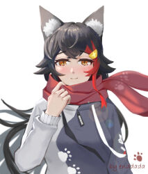 Rule 34 | 1girl, animal ear fluff, animal ears, artist name, black hair, blush, brown eyes, cat ears, enddada, hair ornament, hand up, highres, hololive, lens flare, light smile, long hair, long sleeves, multicolored hair, ookami mio, paw print, paw print pattern, red hair, red scarf, scarf, simple background, solo, streaked hair, upper body, virtual youtuber, white background