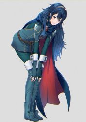 Rule 34 | 1girl, ameno (a meno0), armor, belt, blue cape, blue eyes, blue footwear, blue gloves, blue hair, blue sweater, boots, brown belt, cape, closed mouth, fingerless gloves, fire emblem, fire emblem awakening, full body, gloves, grey background, hair between eyes, long hair, long sleeves, looking at viewer, lucina (fire emblem), nintendo, red cape, ribbed sweater, shoulder armor, simple background, smile, solo, sweater, tiara, two-tone cape