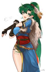 Rule 34 | 1girl, blush, breasts, dress, fire emblem, fire emblem: the blazing blade, fire emblem heroes, gloves, green eyes, green hair, high ponytail, highres, jewelry, large breasts, long hair, looking at viewer, lyn (fire emblem), nintendo, ormille, ponytail, simple background, smile, solo, very long hair, white background