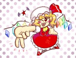 Rule 34 | 1girl, ;d, animated, animated gif, ascot, bat wings, blonde hair, blush stickers, commentary, commission, english commentary, fang, flandre scarlet, frilled skirt, frills, full body, hair over one eye, hat, heart, mary janes, mob cap, multicolored wings, olistar255, one eye closed, open mouth, outstretched arm, puffy short sleeves, puffy sleeves, red eyes, red ribbon, red skirt, red vest, ribbon, ribbon-trimmed headwear, ribbon trim, shirt, shoes, short sleeves, siki (purple software), simple background, skirt, skirt set, smile, solid oval eyes, solo, star (symbol), touhou, vest, white background, white hat, white shirt, wings, yellow ascot