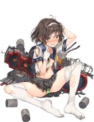 Rule 34 | 1girl, blue sailor collar, blush, brown eyes, brown hair, feet, full body, gloves, green panties, grey skirt, hairband, kantai collection, machinery, neckerchief, no shoes, official art, open mouth, panties, parsley-f, pleated skirt, sailor collar, school uniform, serafuku, short hair, short sleeves, skirt, solo, spread legs, tanikaze (kancolle), thighhighs, torn clothes, torn skirt, torn thighhighs, transparent background, turret, underwear, v-shaped eyebrows, white background, white gloves, white hairband, white thighhighs, yellow neckerchief