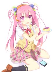 Rule 34 | 1girl, bad id, bad pixiv id, bow, bowtie, food, hair ornament, headphones, highres, holding, long hair, looking at viewer, media player interface, nibiiro shizuka, open mouth, original, pink eyes, pink hair, plaid, plaid skirt, pleated skirt, pudding, school uniform, skirt, solo, spoon, twintails, vest