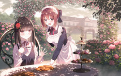 Rule 34 | 2girls, apron, black bow, black hair, black vest, blouse, blush, bow, breasts, brown eyes, brown hair, cake, collared shirt, cookie, cup, flower, food, frilled apron, frills, hair bow, hair flower, hair ornament, highres, koh rd, long bangs, long sleeves, maid, maid apron, maid headdress, medium breasts, multiple girls, neck ribbon, original, outdoors, red eyes, red flower, red ribbon, ribbon, shirt, sitting, small breasts, smile, teacup, vest, white shirt